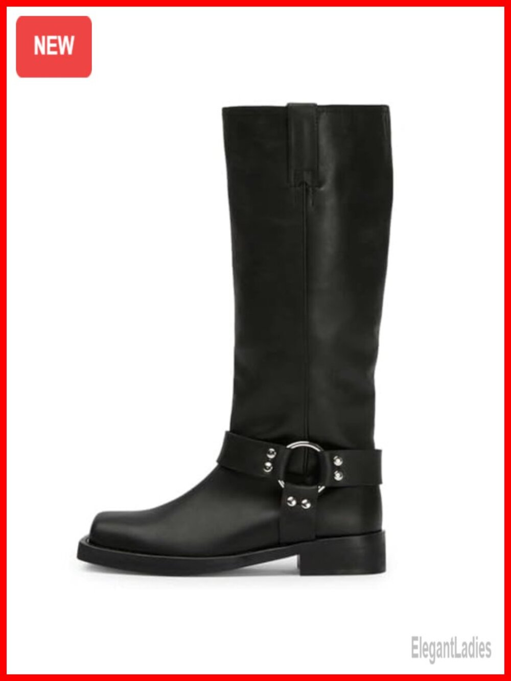 Women's Knee High Riding Boots Square Toe Moto Low Heel Pull-On PU